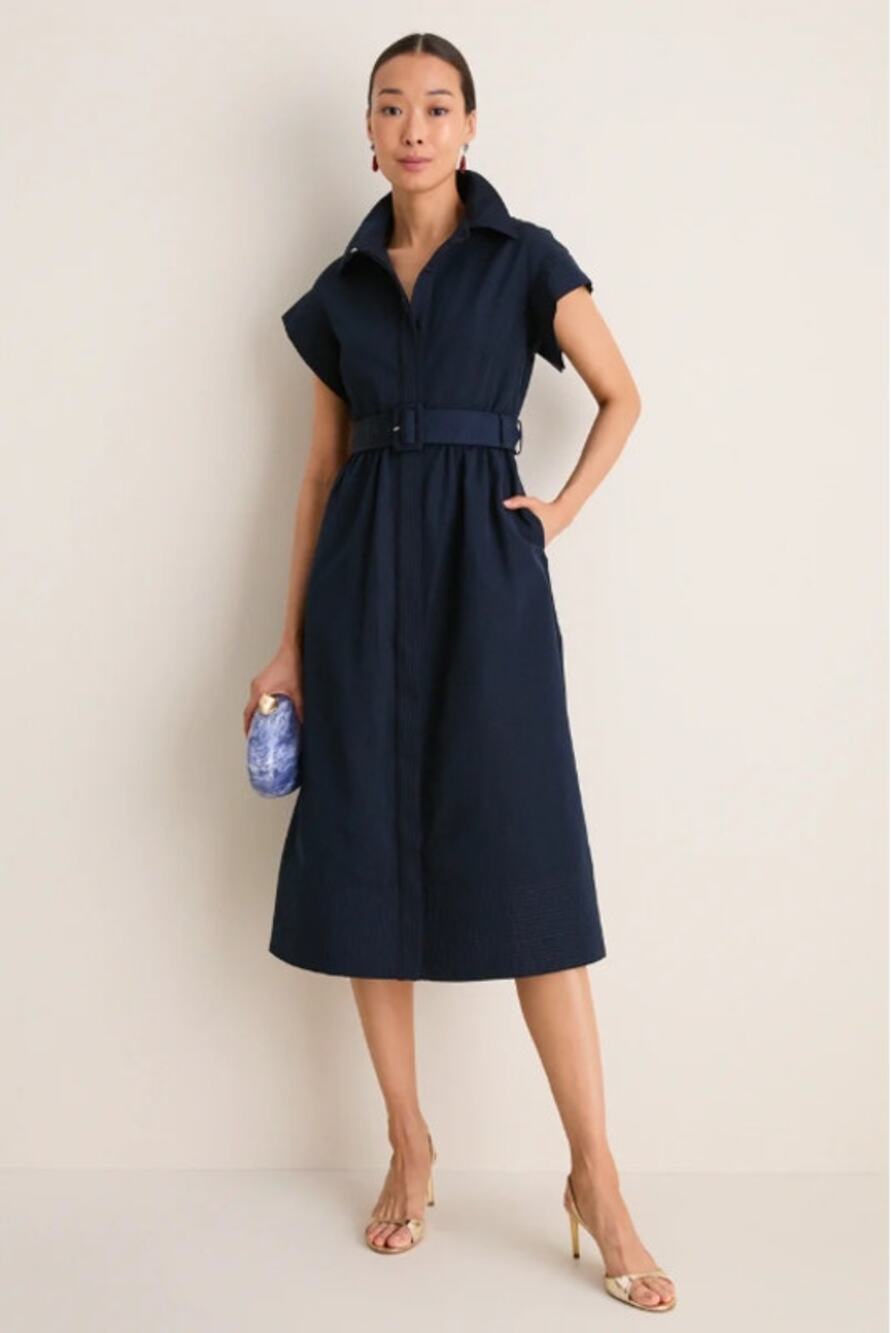 Tuckernuck Navy Chloe Dress Size Medium Short Sleeve Belted Career Party Midi